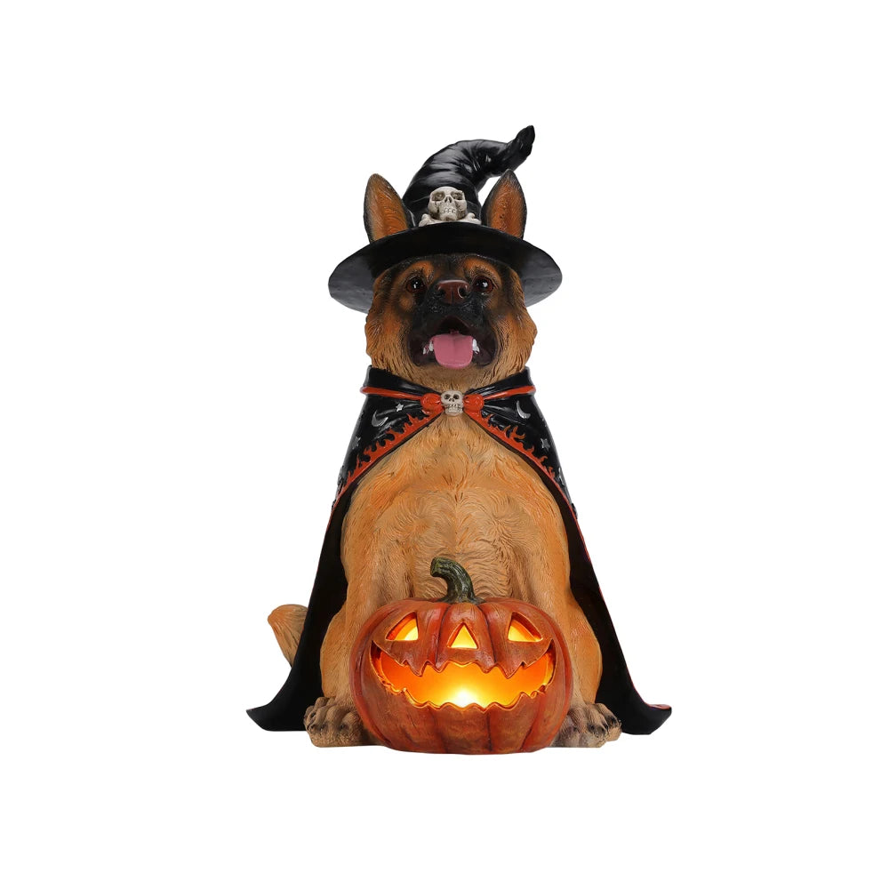 Halloween German Shepherd Statue With Witch Hat And LED Pumpkin