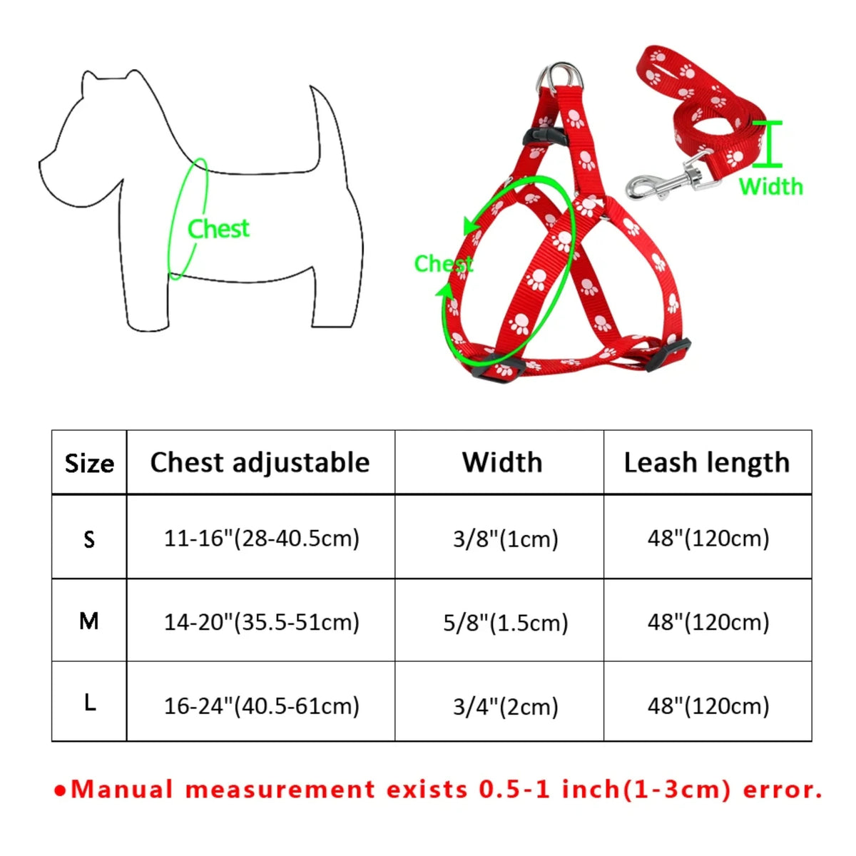 Adjustable Paw Print Nylon Dog Harness and Leash Set for Walking