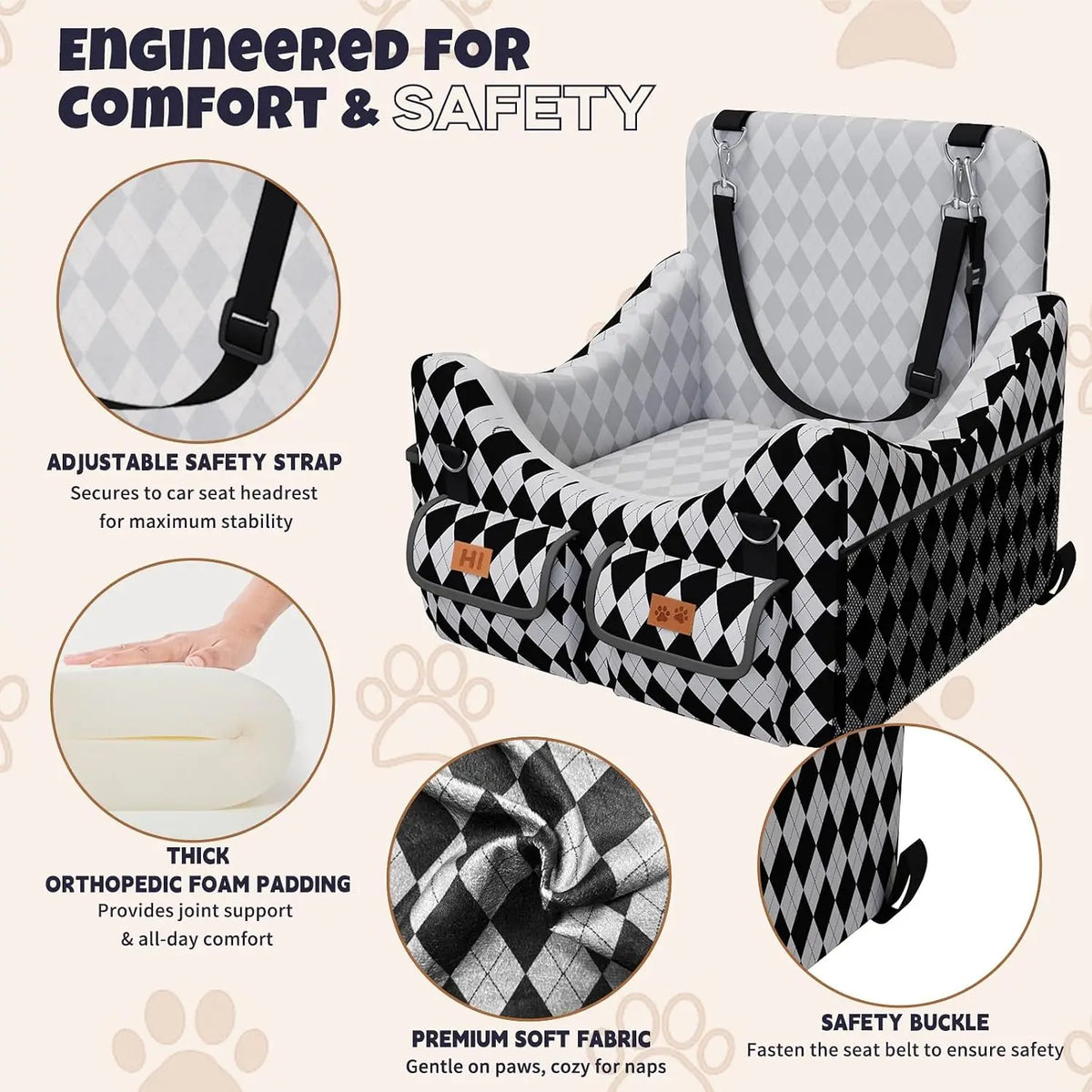Portable Memory Foam Dog Booster Car Seat With Safety Belt